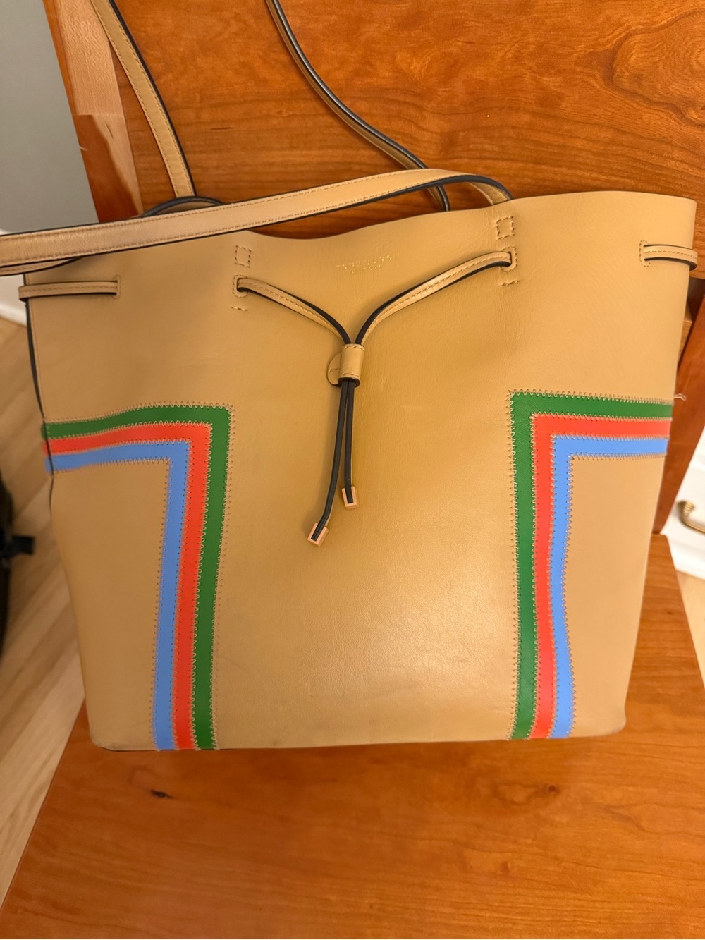 TORY BURCH Tan Leather Large green,red & blue Striped Bucket Bag GUC